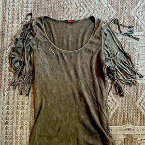 T-Party Brown Fringe Sleeve Top